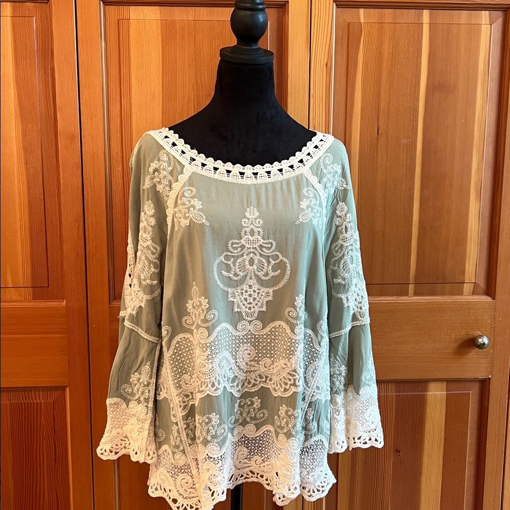 Democracy Sage Green Blouse with Cream Lace